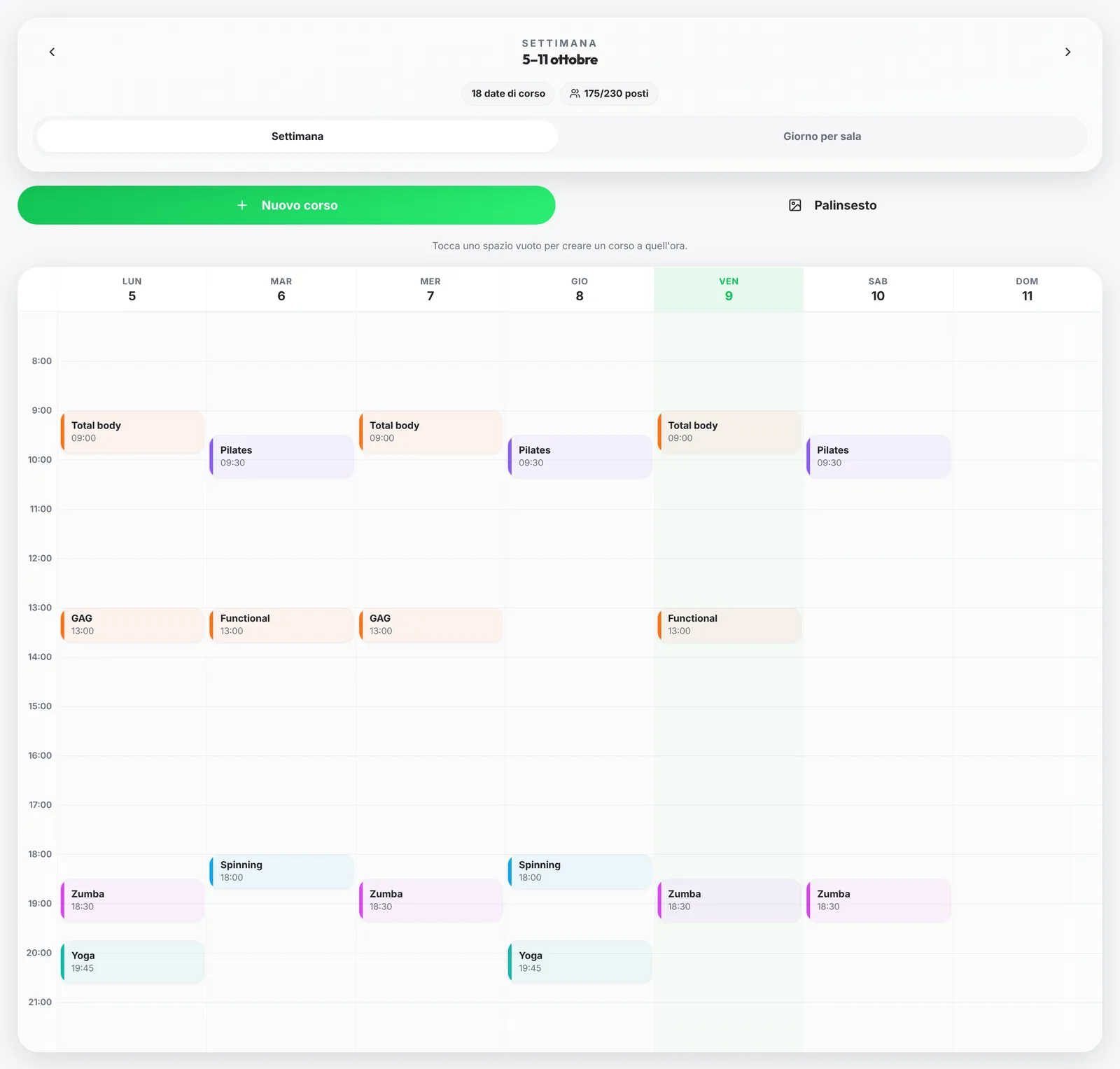 Il calendario settimanale dei corsi