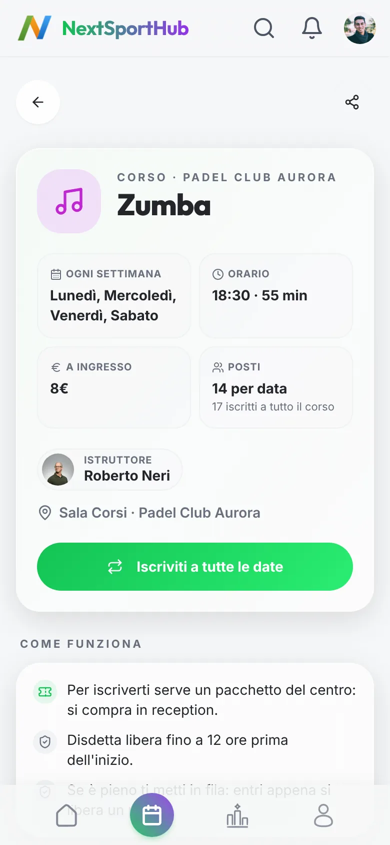 La pagina del corso di Zumba