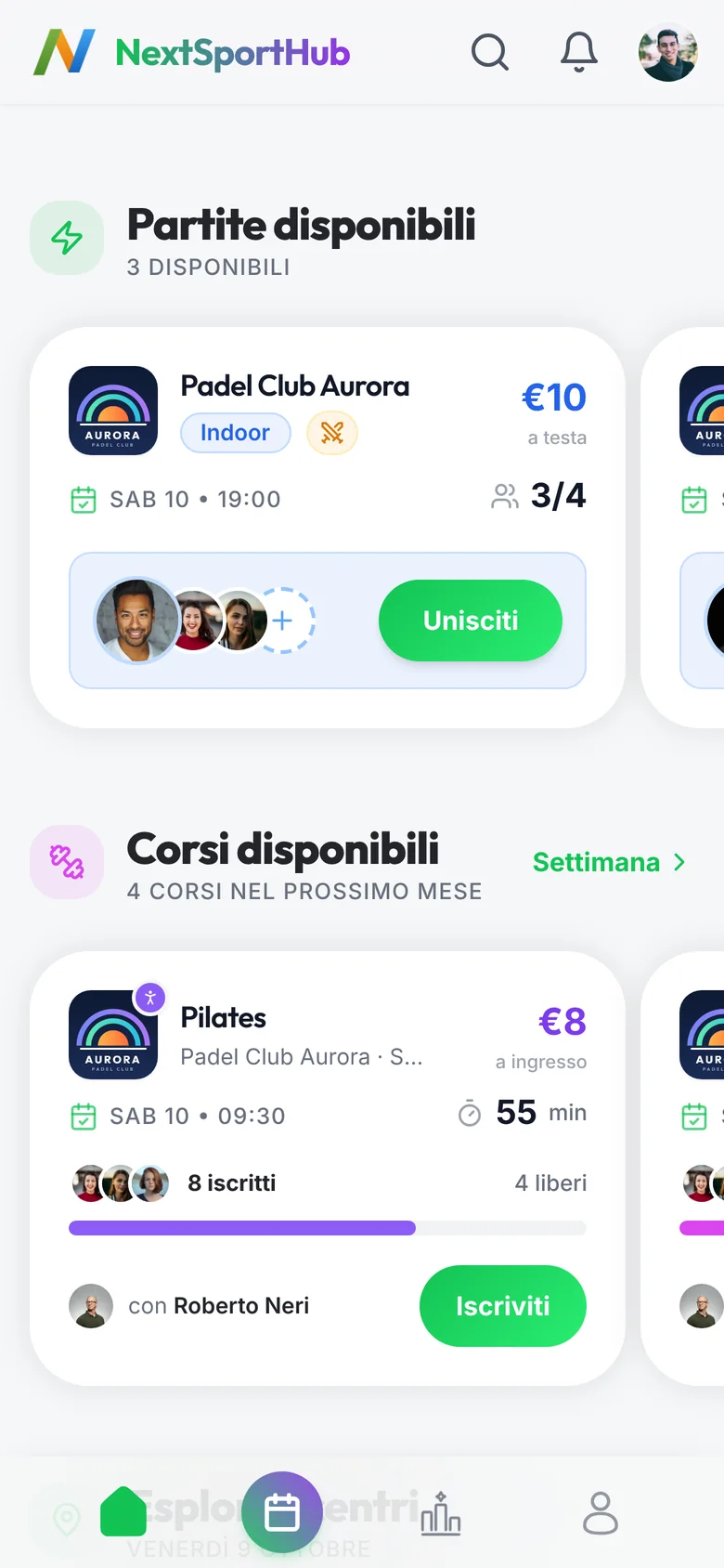 La home dell'app: una partita aperta al Padel Club Aurora, sabato alle 19, a cui manca un giocatore