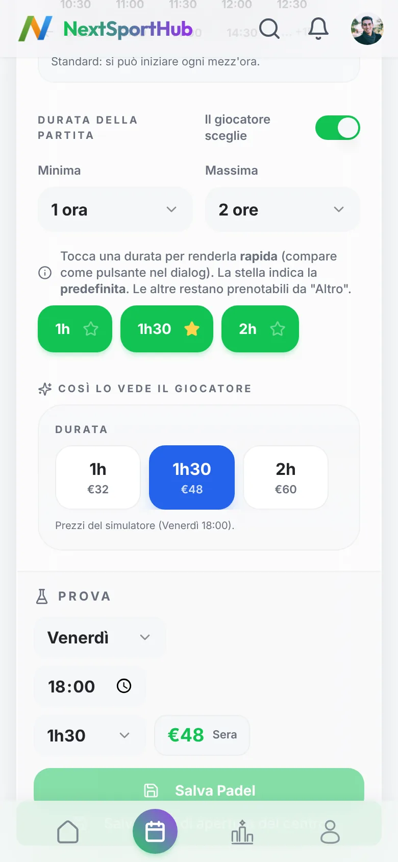 Durate prenotabili e anteprima del giocatore