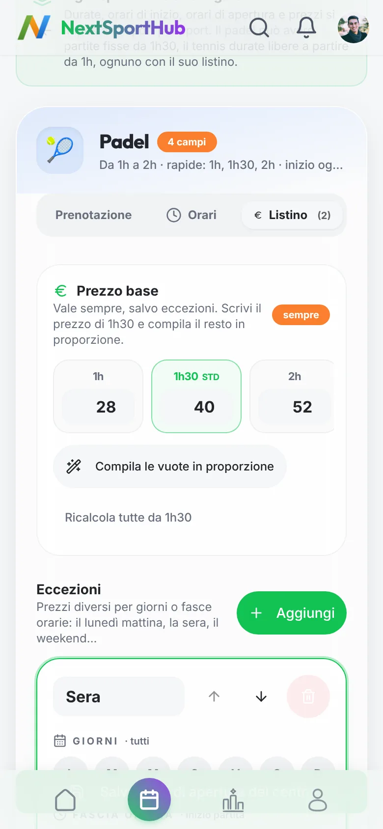 Il listino del padel: prezzo base e fascia serale