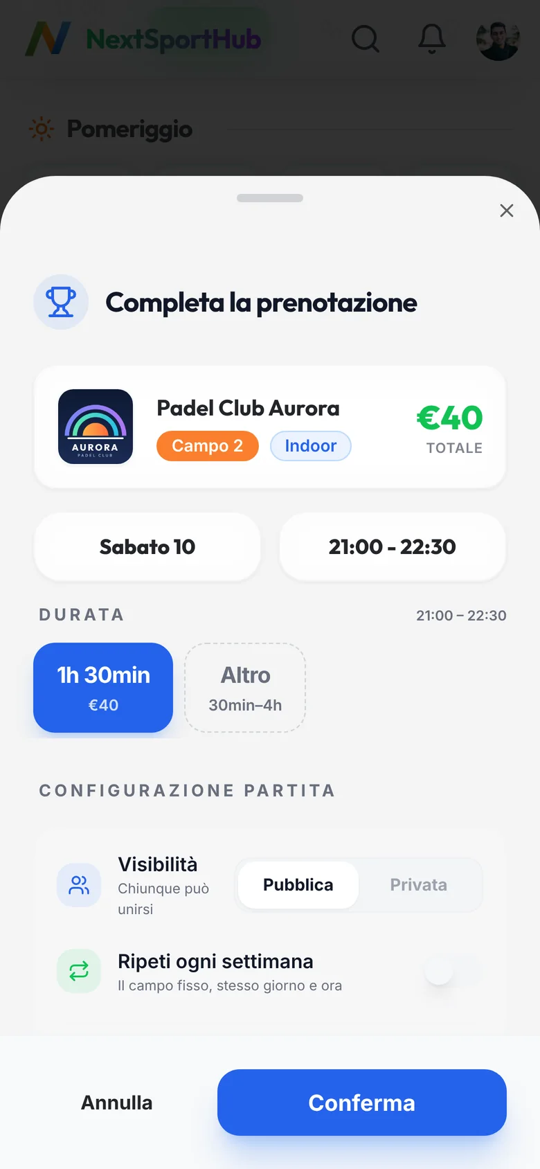 Completa la prenotazione: Campo 2, sabato 10, dalle 21:00 alle 22:30, 40 euro