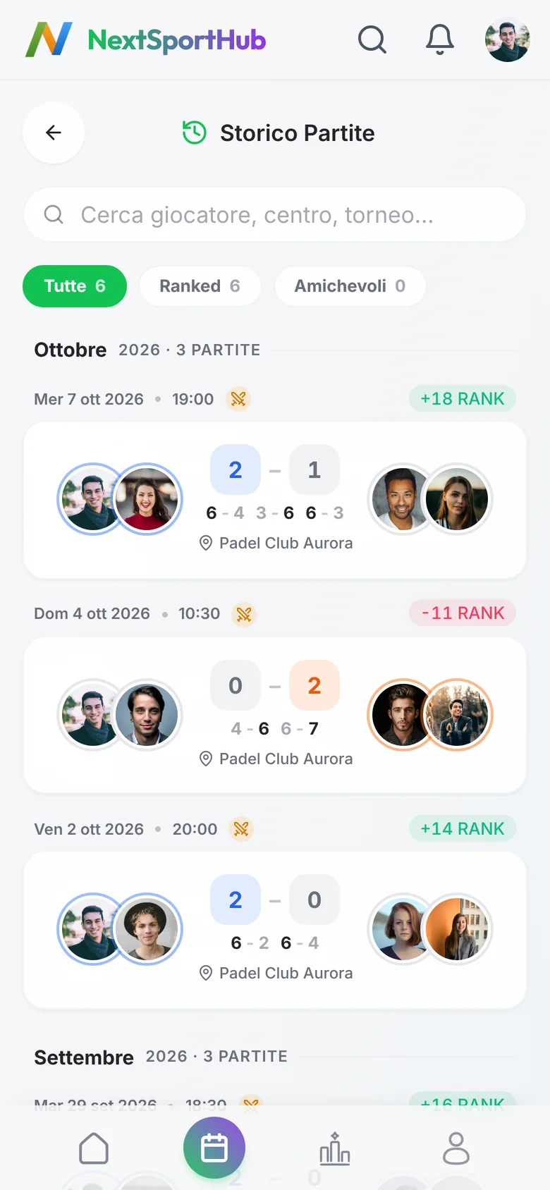 Lo storico delle partite: +18, -11, +14 RANK