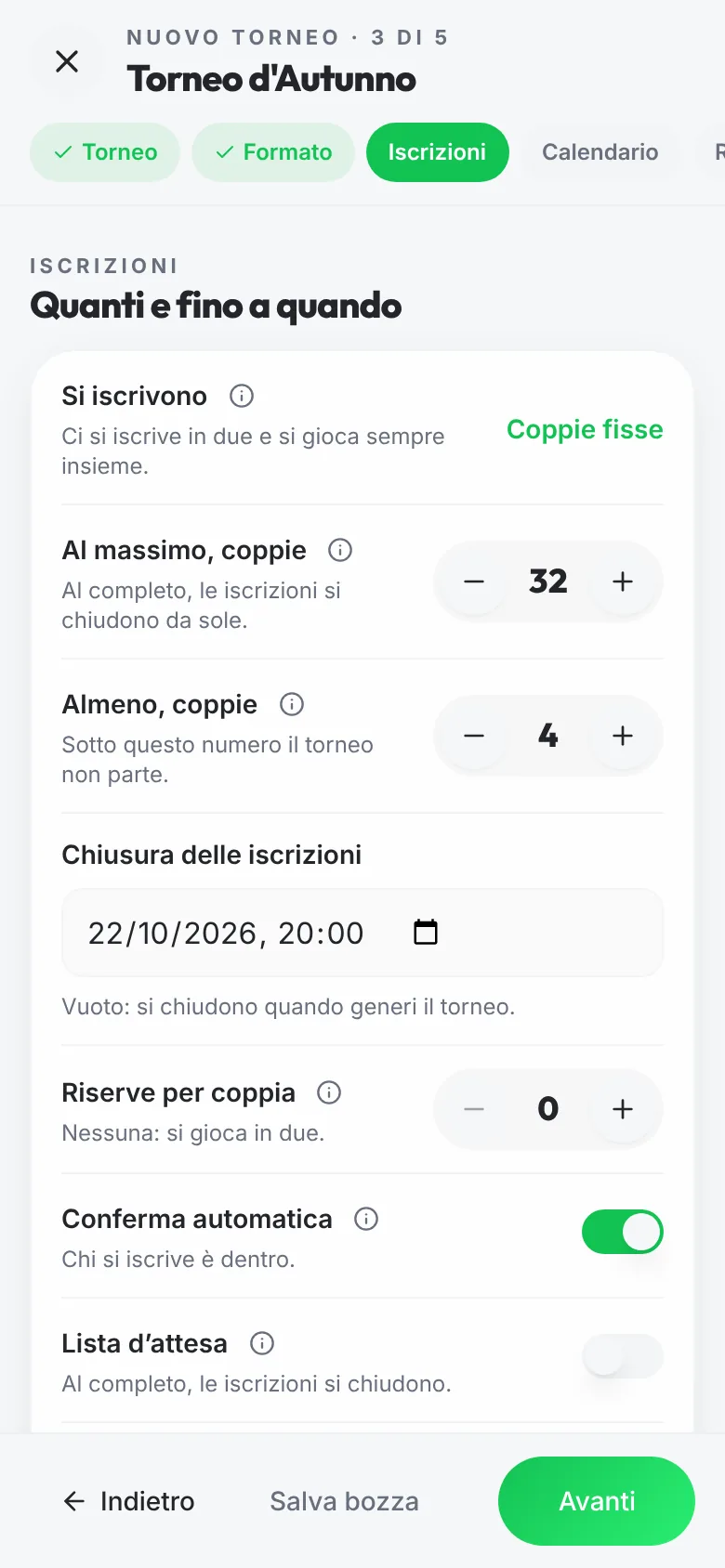 Il passo Iscrizioni del form: posti, chiusura, riserve e lista d'attesa