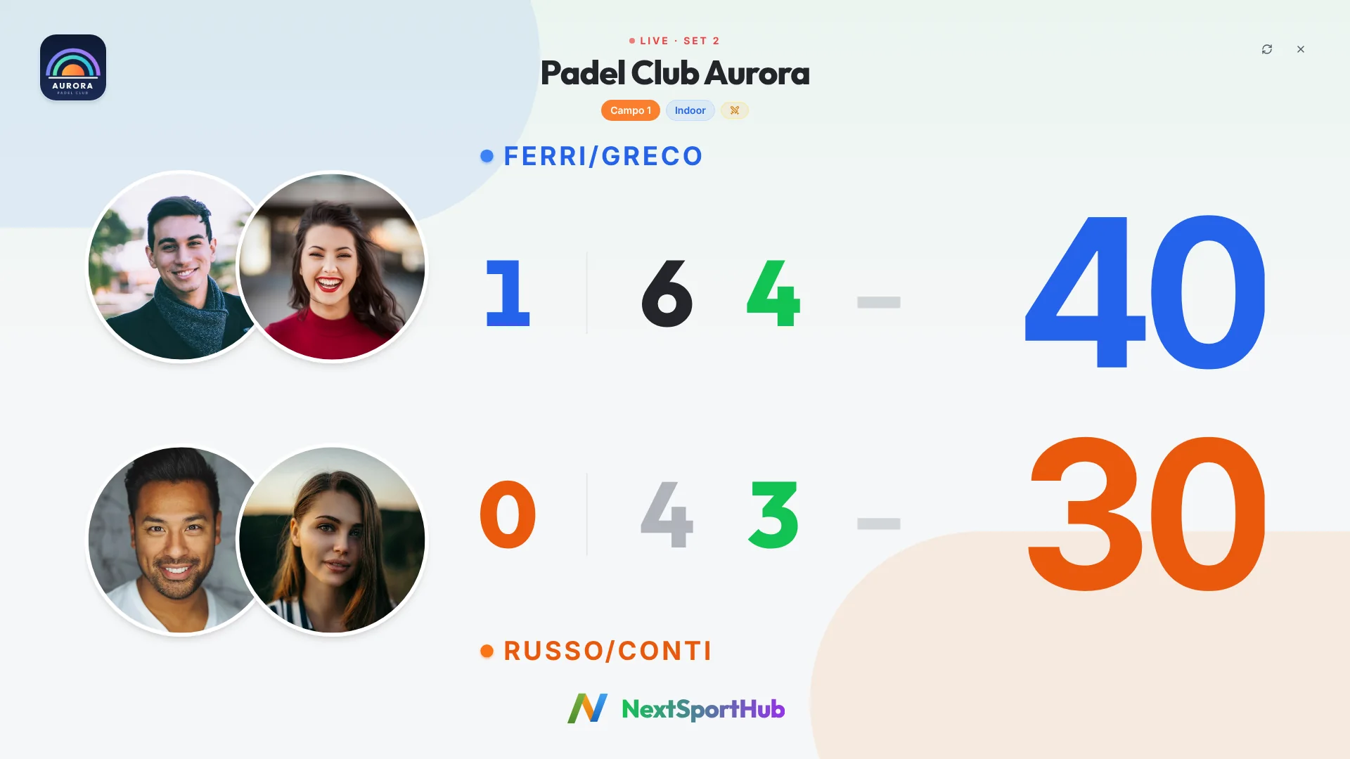 Tabellone live: Ferri e Greco 40, Russo e Conti 30, secondo set 4 a 3